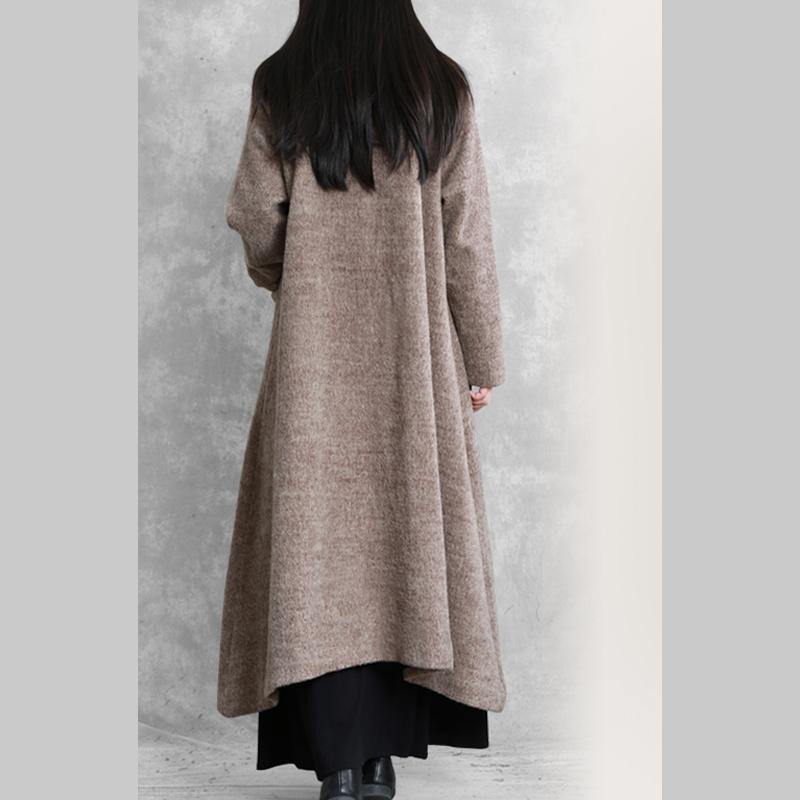 Elegant khaki woolen coats plus size long jackets women stand collar large hem coats - Omychic