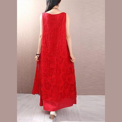 Elegant lace blended clothes Sewing red sleeveless Kaftan Dress summer - Omychic
