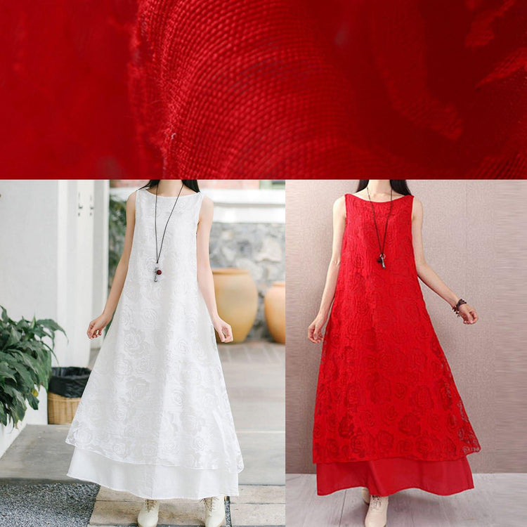 Elegant lace blended clothes Sewing red sleeveless Kaftan Dress summer - Omychic