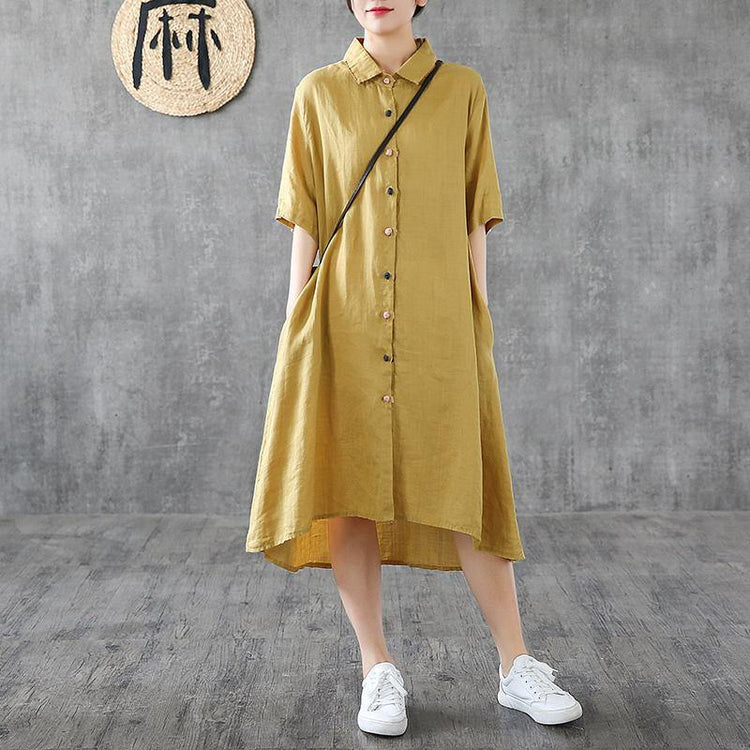 Elegant lapel Button Down linen clothes For Women Shirts yellow Dress - Omychic