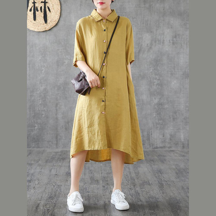 Elegant lapel Button Down linen clothes For Women Shirts yellow Dress - Omychic