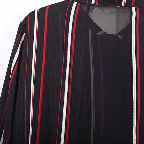 Elegant lapel collar Chiffon tunic pattern Sewing red striped Shirt Dresses fall - Omychic