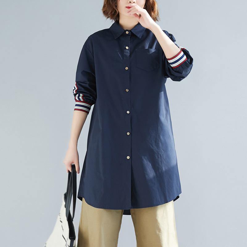Elegant lapel pockets cotton clothes Korea Shirts navy daily blouse - Omychic