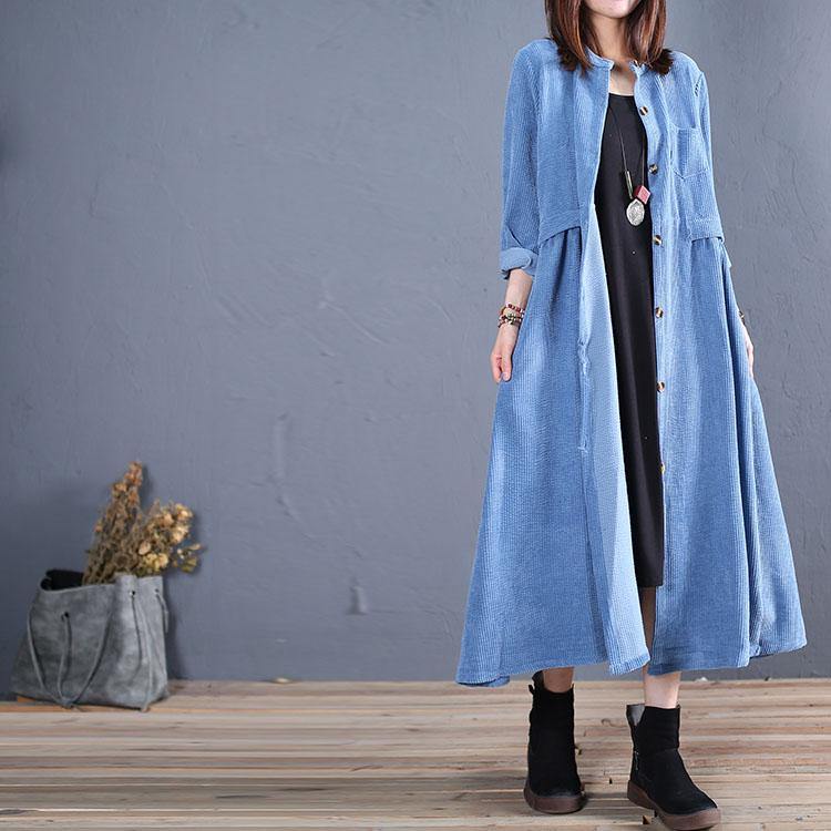 Elegant light blue coat for woman oversized long coat fall women coats o neck pockets - Omychic