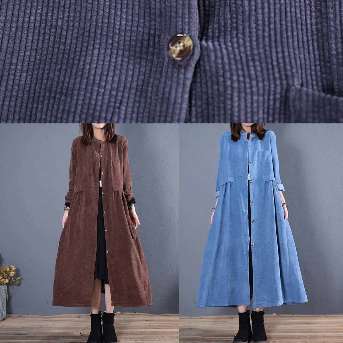 Elegant light blue coat for woman oversized long coat fall women coats o neck pockets - Omychic