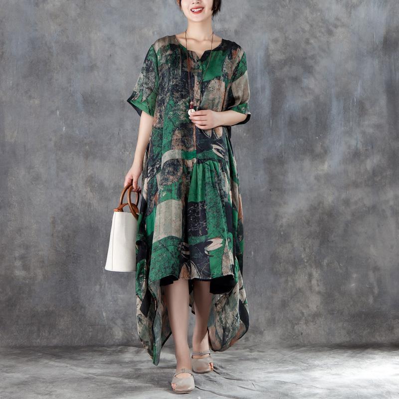 Elegant linen blended maxi dress stylish Women Short Sleeve Irregular Retro Printed Dress - Omychic