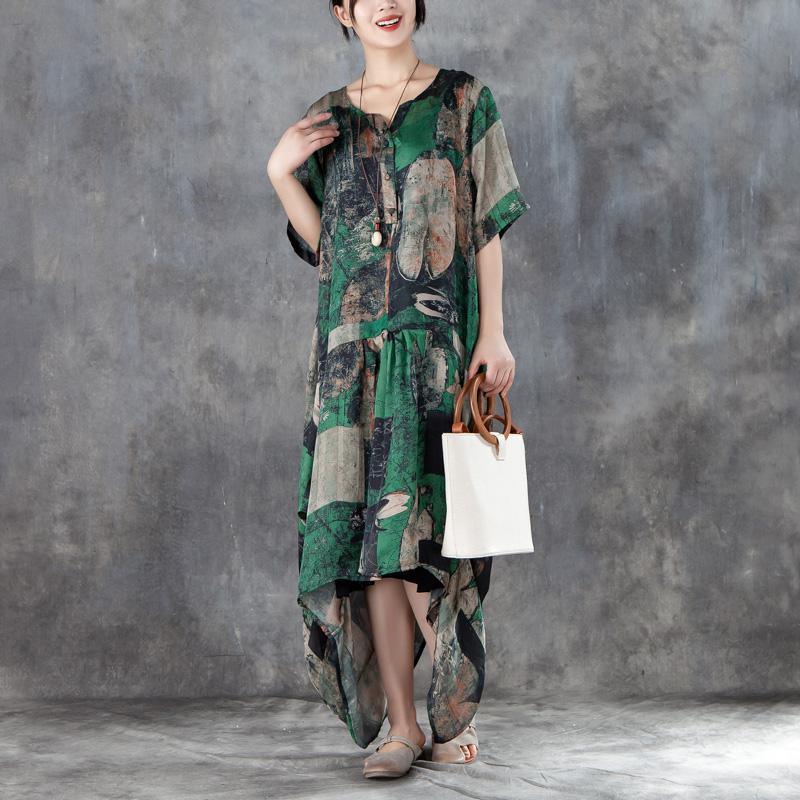 Elegant linen blended maxi dress stylish Women Short Sleeve Irregular Retro Printed Dress - Omychic