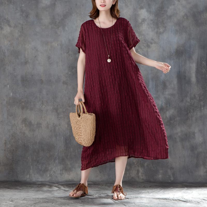 Elegant linen blended sundress oversized Women Short Sleeve Plain Wine Red Pullovers Dress - Omychic