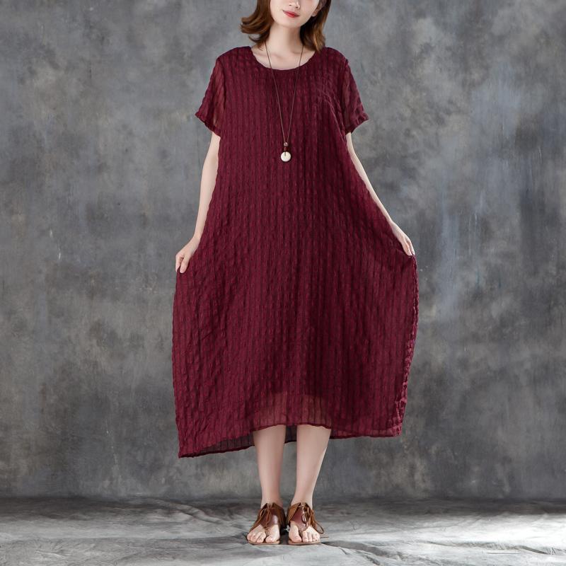 Elegant linen blended sundress oversized Women Short Sleeve Plain Wine Red Pullovers Dress - Omychic