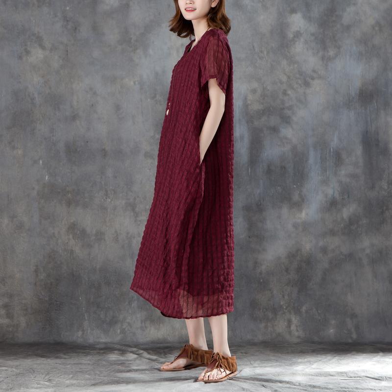 Elegant linen blended sundress oversized Women Short Sleeve Plain Wine Red Pullovers Dress - Omychic