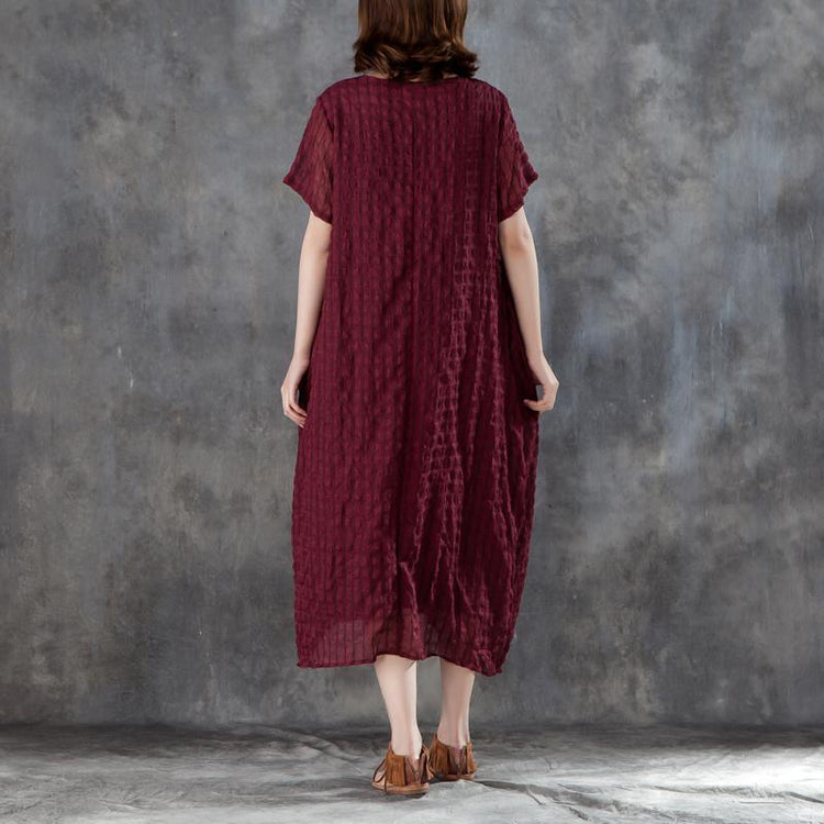 Elegant linen blended sundress oversized Women Short Sleeve Plain Wine Red Pullovers Dress - Omychic