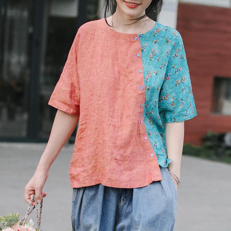 Elegant linen clothes For Women Boho Small Plaid Spliced Floral Printed Loose T-Shirt - Omychic