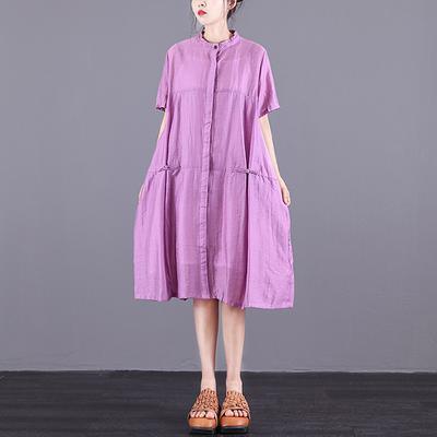 Elegant linen clothes For Women Orange top quality Stand Collar Summer Short Sleeve Dress - Omychic