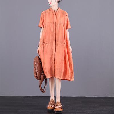 Elegant linen clothes For Women Orange top quality Stand Collar Summer Short Sleeve Dress - Omychic