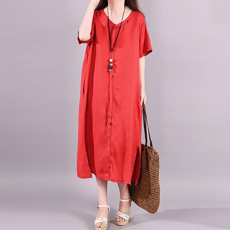 Elegant linen clothes Korea Solid Color Split Hem Casual Midi Dress - Omychic