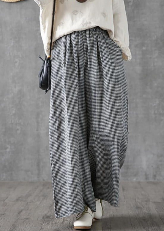 Elegant linen cotton women Omychic Vintage Plaid Linen Ankle Length Wide Leg Pants - Omychic