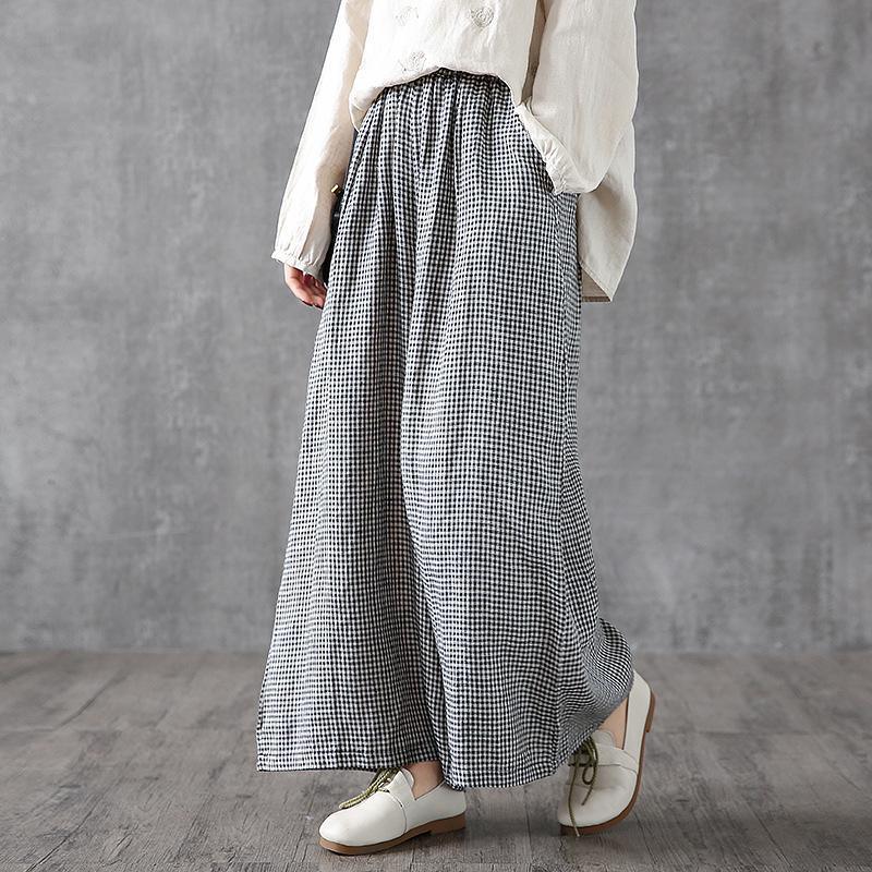 Elegant linen cotton women Omychic Vintage Plaid Linen Ankle Length Wide Leg Pants - Omychic