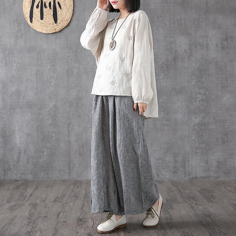 Elegant linen cotton women Omychic Vintage Plaid Linen Ankle Length Wide Leg Pants - Omychic