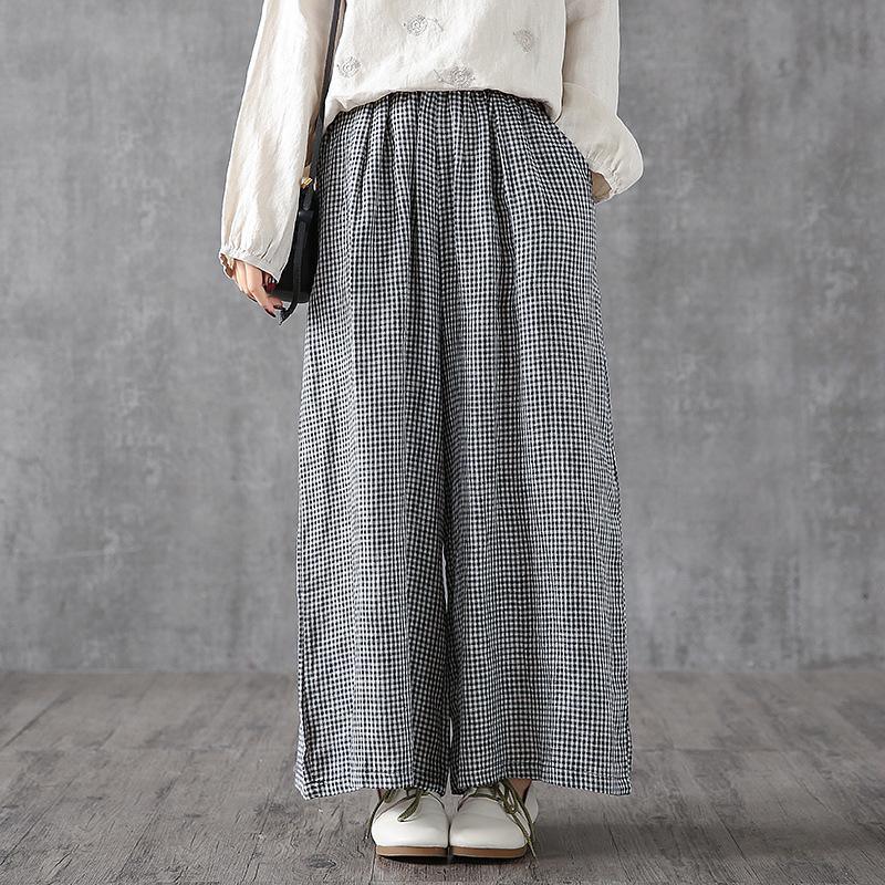 Elegant linen cotton women Omychic Vintage Plaid Linen Ankle Length Wide Leg Pants - Omychic