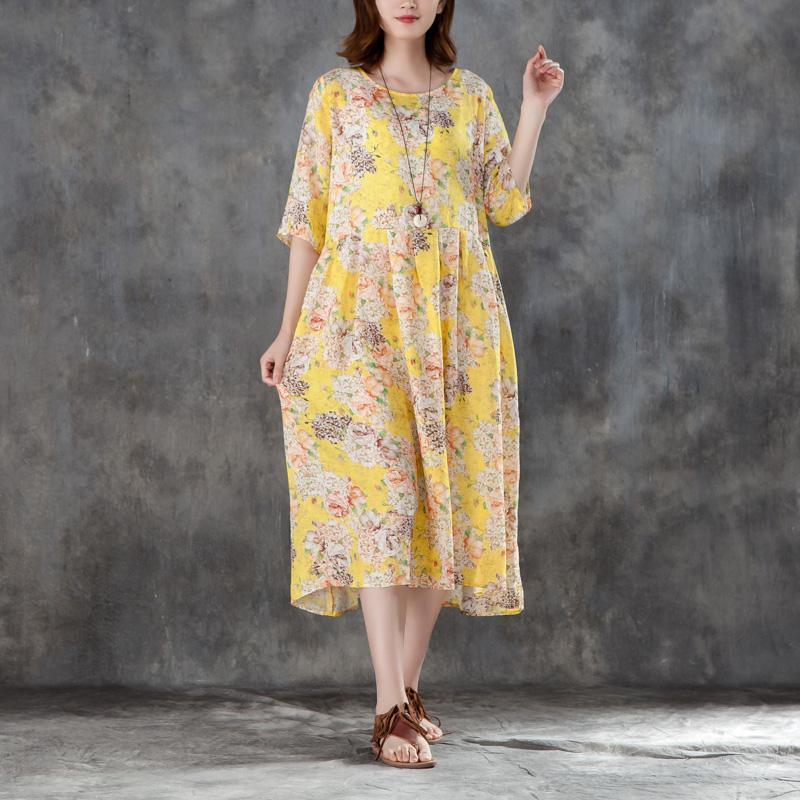 Elegant linen dresses plus size Women Yellow Linen Printed 12 Sleeve Pleated Dress - Omychic