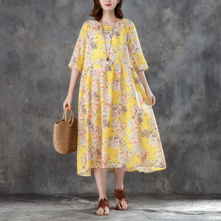 Elegant linen dresses plus size Women Yellow Linen Printed 12 Sleeve Pleated Dress - Omychic