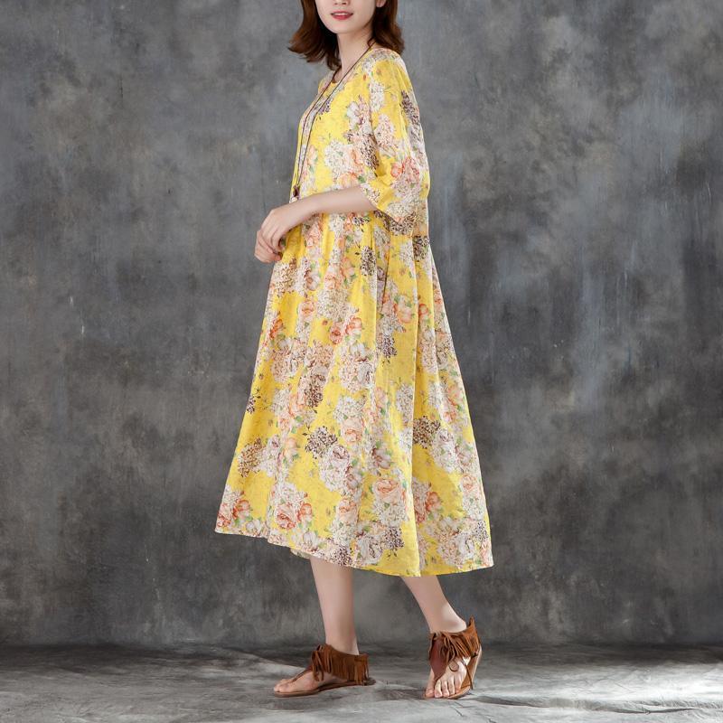 Elegant linen dresses plus size Women Yellow Linen Printed 12 Sleeve Pleated Dress - Omychic