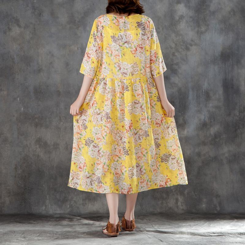 Elegant linen dresses plus size Women Yellow Linen Printed 12 Sleeve Pleated Dress - Omychic