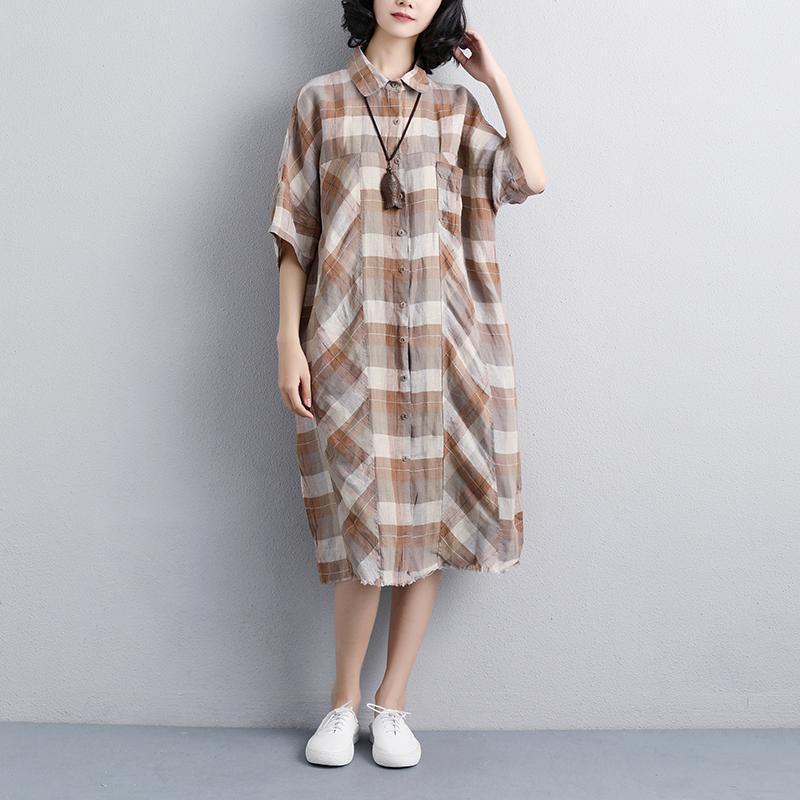 Elegant linen knee dress Loose fitting Women Polo Collar Short Sleeve Plaid Shirt Dress - Omychic