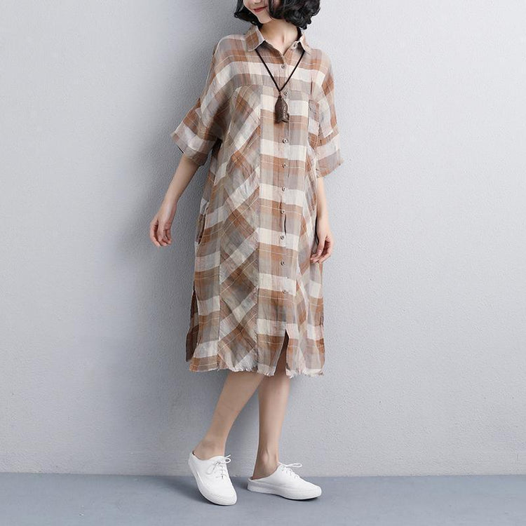 Elegant linen knee dress Loose fitting Women Polo Collar Short Sleeve Plaid Shirt Dress - Omychic