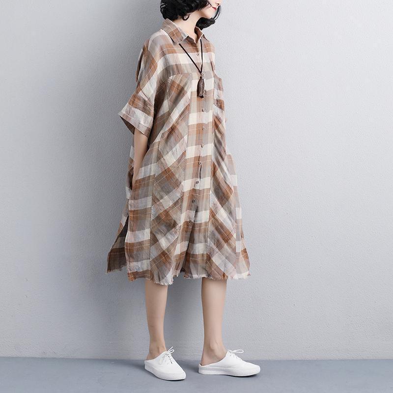 Elegant linen knee dress Loose fitting Women Polo Collar Short Sleeve Plaid Shirt Dress - Omychic