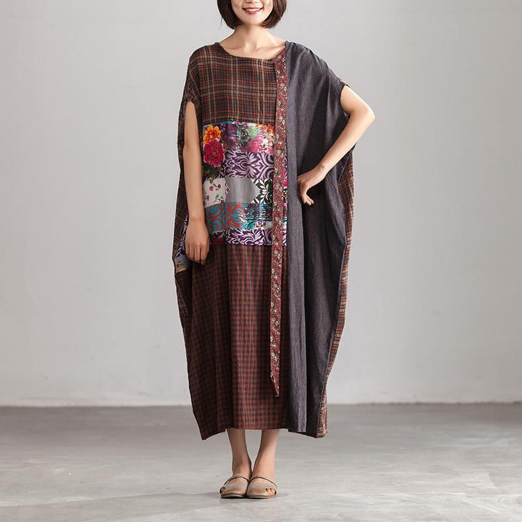 Elegant Linen Maxi Dress Stylish Linen Loose Baggy Plaid Brown Summer Dress Women ( Limited Stock) - Omychic