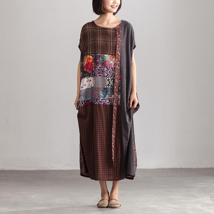 Elegant Linen Maxi Dress Stylish Linen Loose Baggy Plaid Brown Summer Dress Women ( Limited Stock) - Omychic