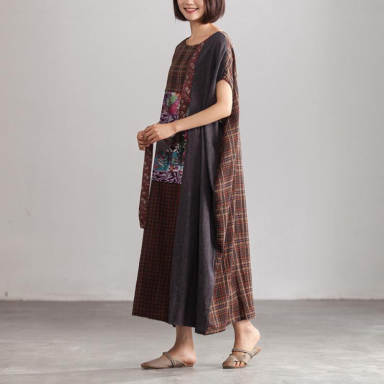 Elegant Linen Maxi Dress Stylish Linen Loose Baggy Plaid Brown Summer Dress Women ( Limited Stock) - Omychic