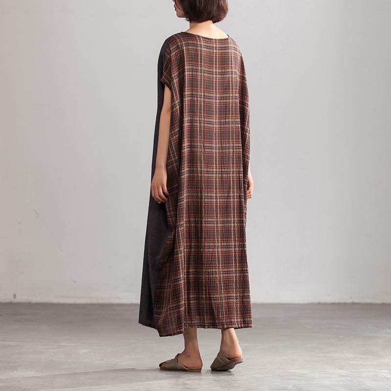 Elegant Linen Maxi Dress Stylish Linen Loose Baggy Plaid Brown Summer Dress Women ( Limited Stock) - Omychic