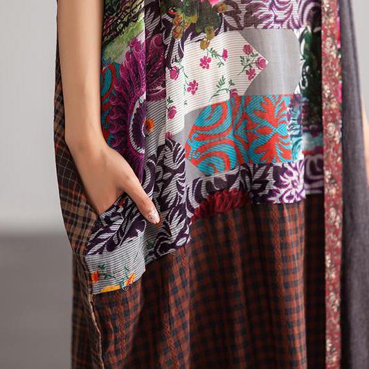 Elegant Linen Maxi Dress Stylish Linen Loose Baggy Plaid Brown Summer Dress Women ( Limited Stock) - Omychic