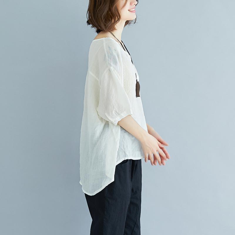 Elegant linen tops plus size Summer High-low Hem Women Short Sleeve Retro Loose White Blouse - Omychic