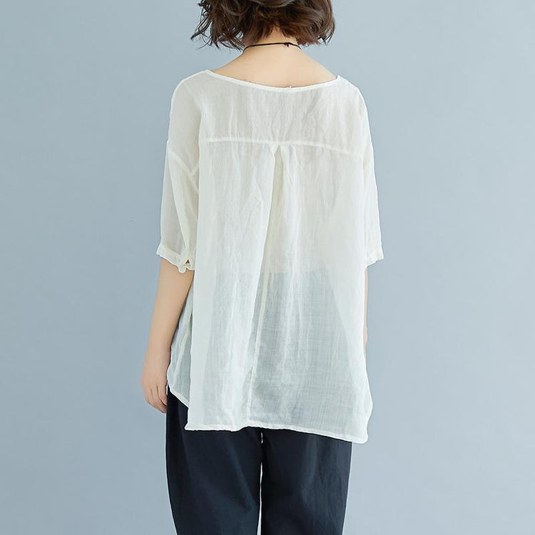Elegant linen tops plus size Summer High-low Hem Women Short Sleeve Retro Loose White Blouse - Omychic