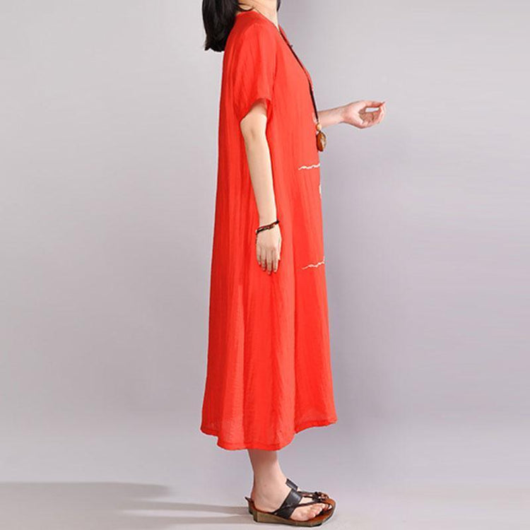 Elegant long cotton blended dresses trendy plus size Women Summer Short Sleeve Embroidery Orange Red Dress - Omychic