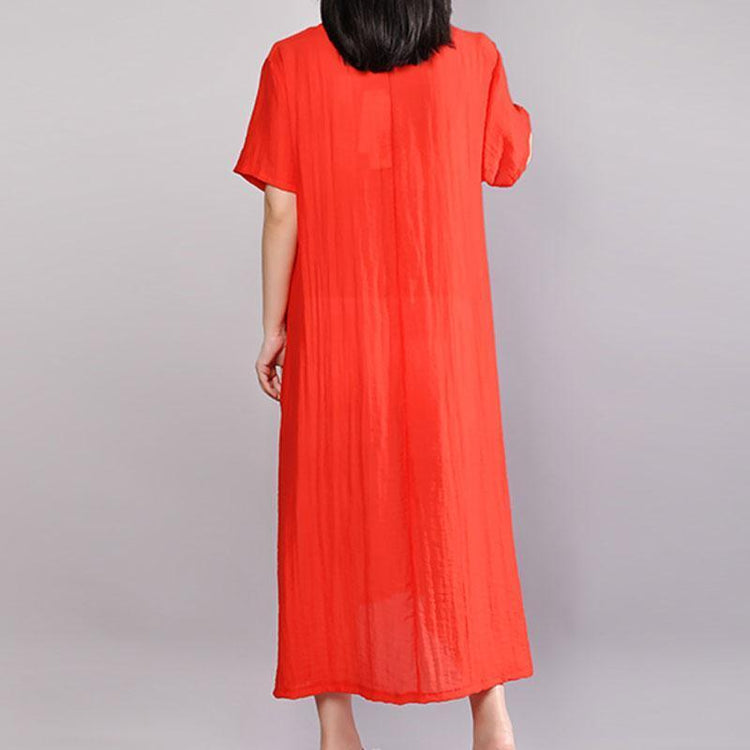 Elegant long cotton blended dresses trendy plus size Women Summer Short Sleeve Embroidery Orange Red Dress - Omychic
