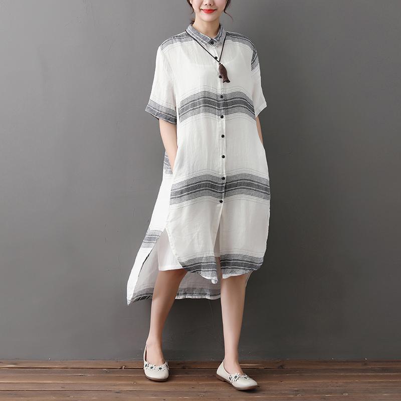 Elegant long linen dresses oversize Loose Stripe Single Breasted Short Sleeve White Linen Dress - Omychic