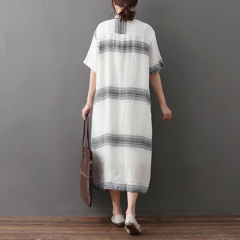 Elegant long linen dresses oversize Loose Stripe Single Breasted Short Sleeve White Linen Dress - Omychic