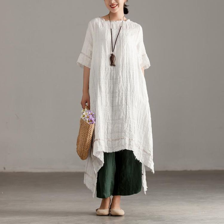 Elegant long linen dresses stylish Slit Short Sleeve High-low Hem Summer Long White Dress - Omychic