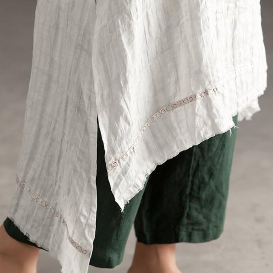 Elegant long linen dresses stylish Slit Short Sleeve High-low Hem Summer Long White Dress - Omychic