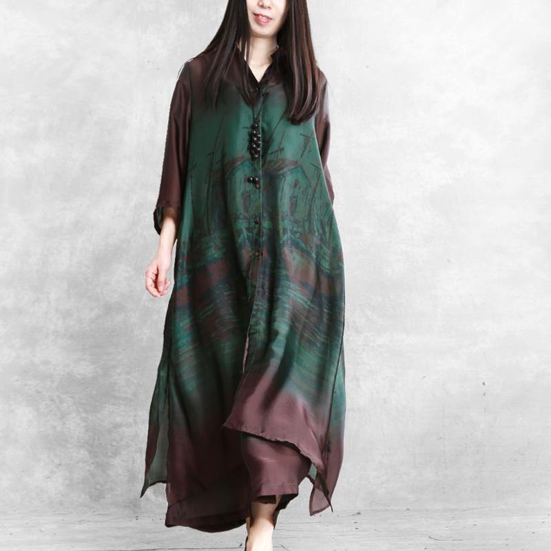 Elegant loose silk green print suit female 20 spring long literary shirt + wide-leg pants - Omychic