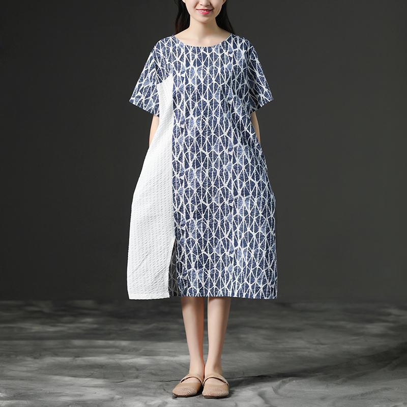 Elegant natural linen dress plus size Linen Blue Round Neck Loose Commuter Dress - Omychic