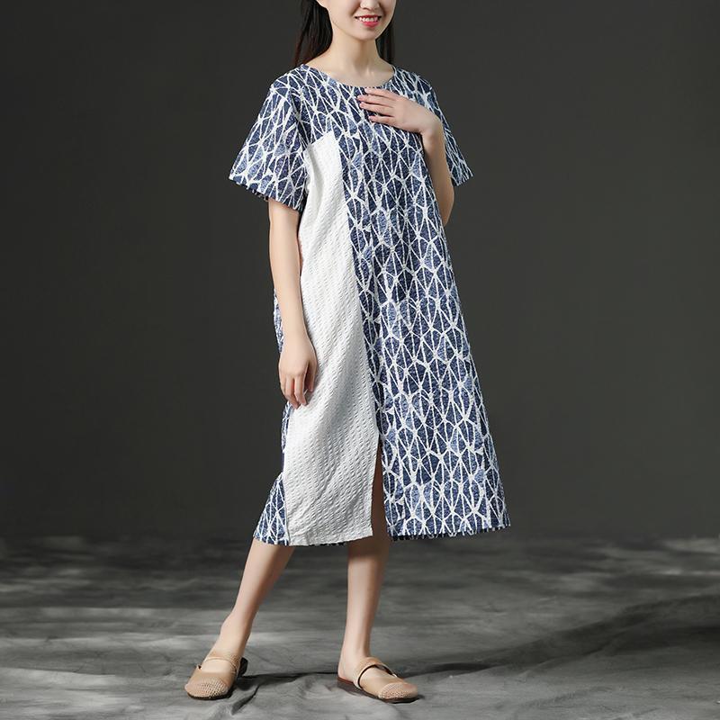 Elegant natural linen dress plus size Linen Blue Round Neck Loose Commuter Dress - Omychic