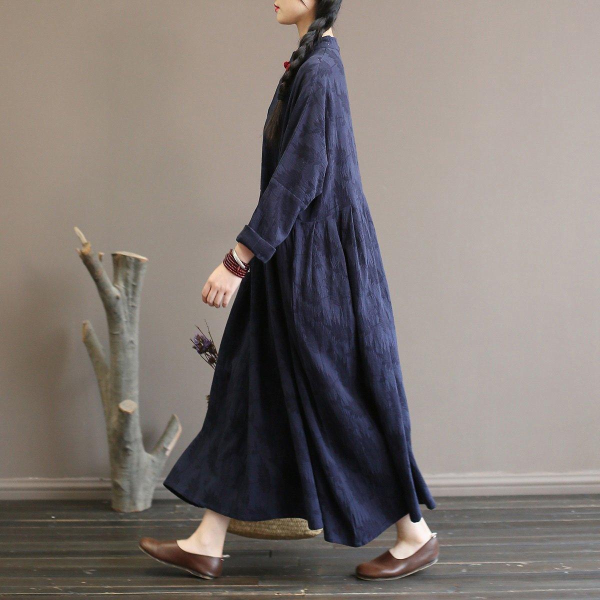 Elegant navy woolen overcoat plus size long stand collar patchwork dress - Omychic