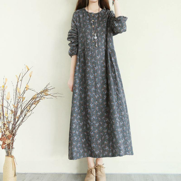 Elegant o neck Button Down cotton quilting clothes Metropolitan Museum Catwalk gray floral Maxi Dress - Omychic