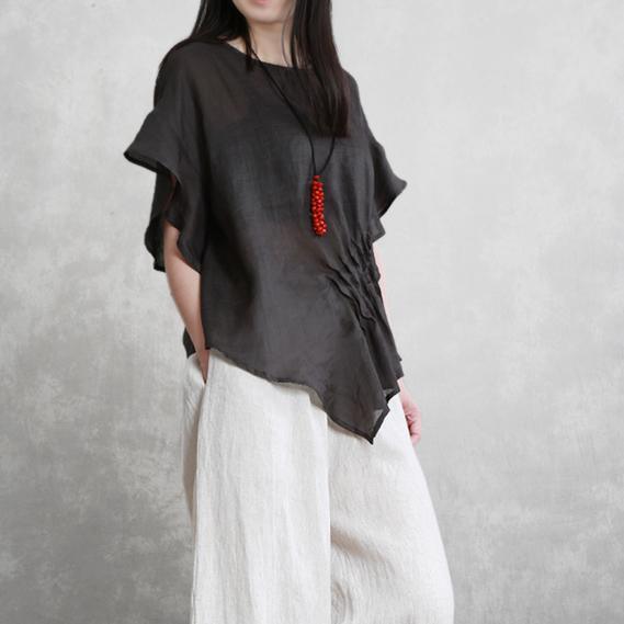 Elegant o neck asymmetric linen clothes For Women chocolate blouses summer - Omychic