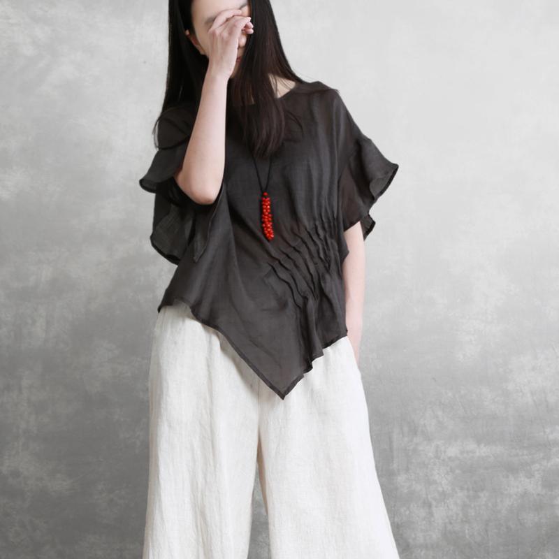 Elegant o neck asymmetric linen clothes For Women chocolate blouses summer - Omychic